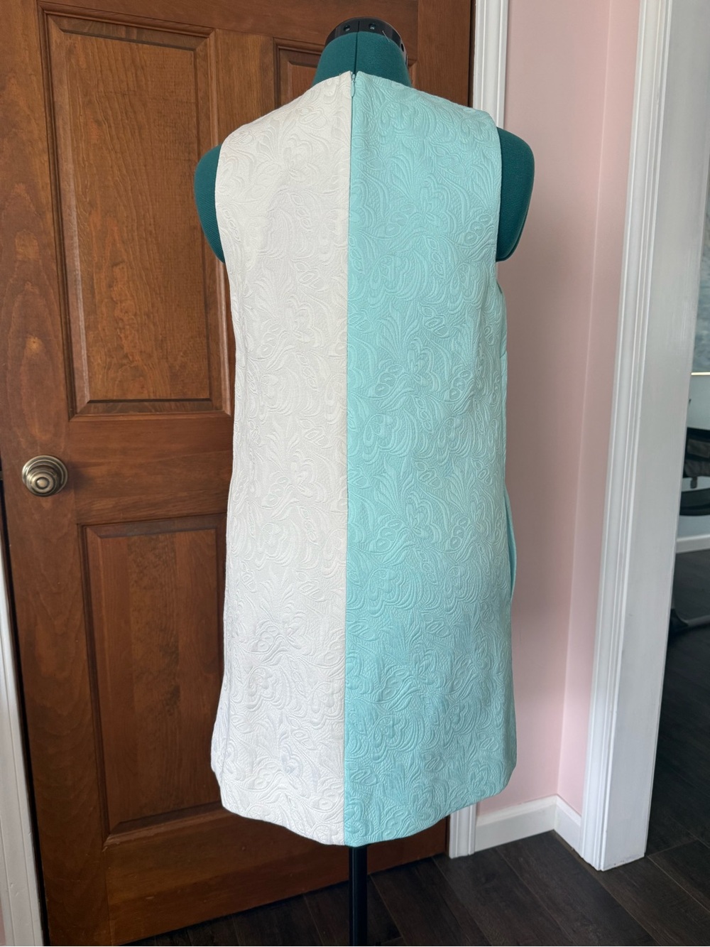 Mestiza New York Etta Mini Shift Dress Aqua White Gold Scallop Detail Size 4 - Picture 5 of 7